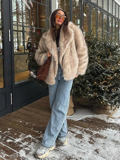 Furffy Thicken Jackets Women Faux Fur Loose Lapel Long Sleeves Warm Coats Female Winter Fashion Solid Soft Outwears Lady