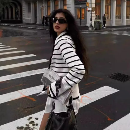 European and American autumn and winter new fashion versatile V-neck striped knitted cardigan sweater women's striped jacket