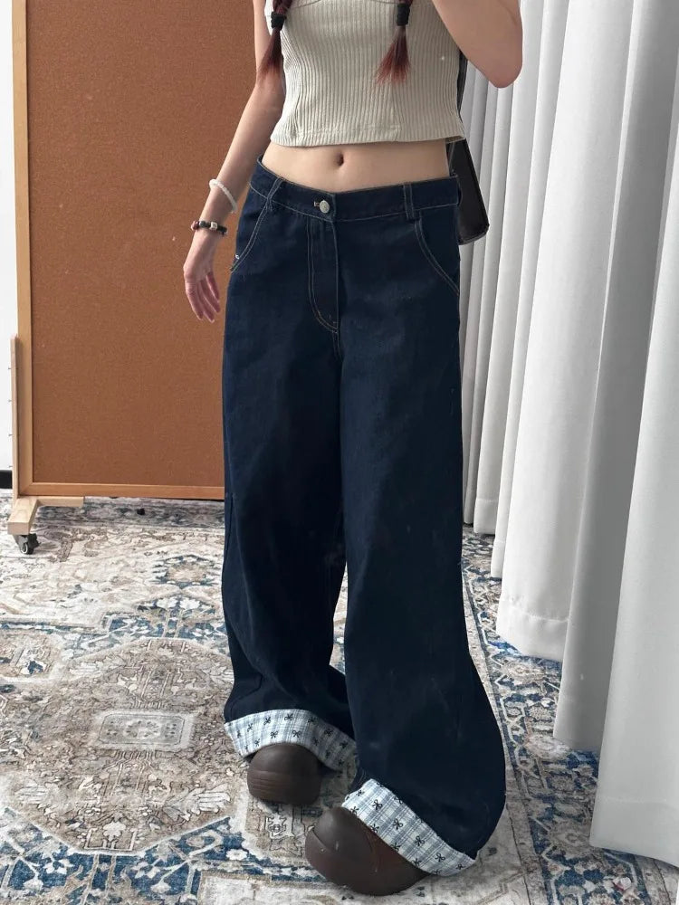 Y2k Embroidery Baggy Jeans Women Vintage Plaid Patchwork Denim Trousers Harajuku Korean Sweet Oversized Jeans Cutecore
