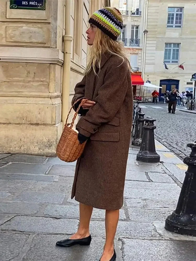 Brown Single Breasted Woolen Overcoat For Women Elegant Lapel Pockets Long Sleeve Jacket 2024 Autumn Casual Lady Commuting Coats