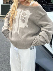 Vintage Off Shoulder Printed Letter Sweater Loose Chic Y2k Aesthetic Slash Neck Pullover Harajuku Long Sleeve Knitwear