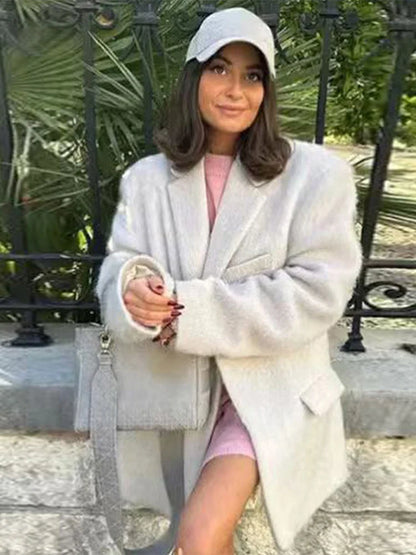 Furry Woolen Oversize Blazer Coat Women Turn-down Collar Button Up Thicken Warm Outwear Winter Long Sleeve Jacket Tops