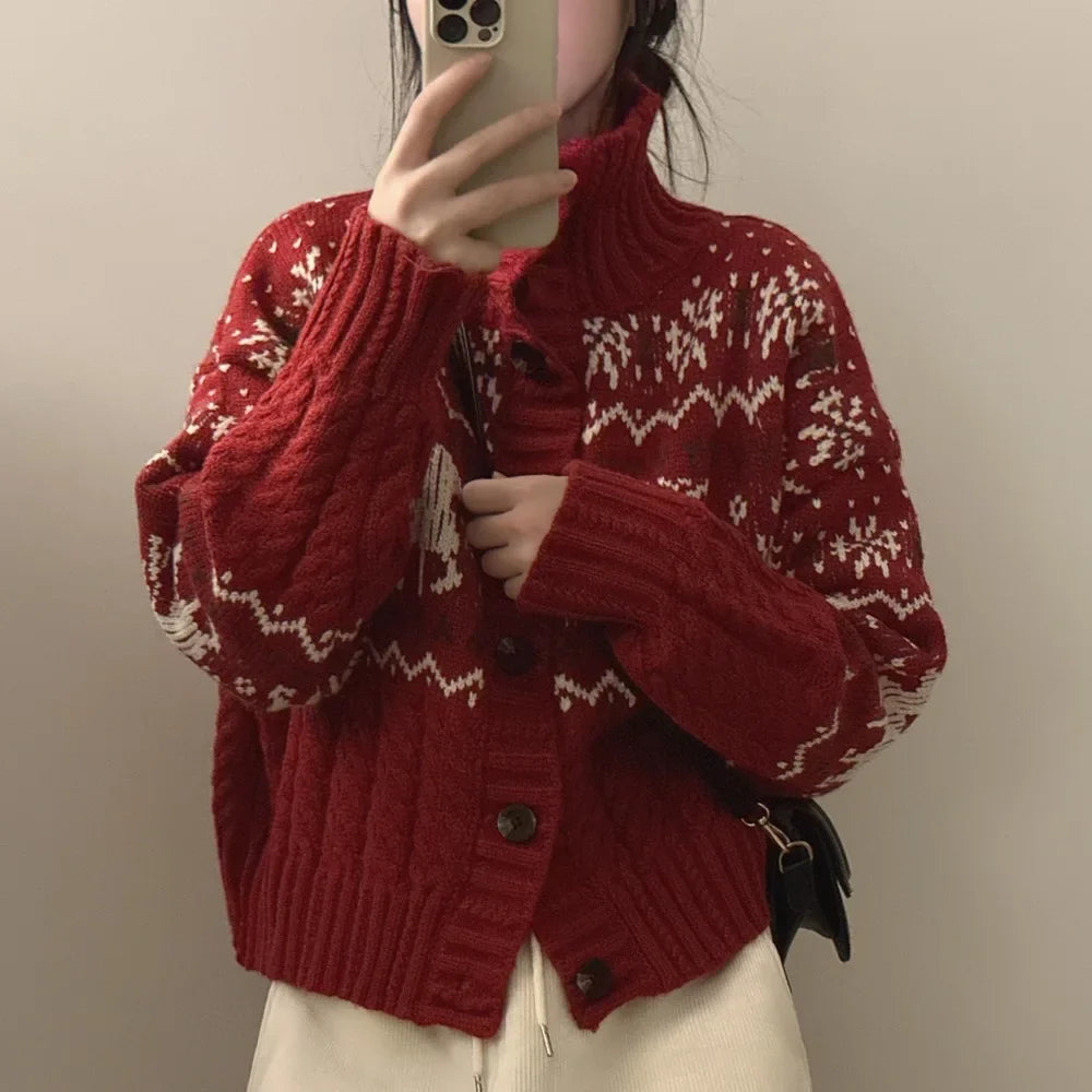 Retro Gentle Style Stand Collar Single Breasted Christmas Knitted Top Elk Jacquard Long Sleeve Sweater Jacket Cropped Cardigan