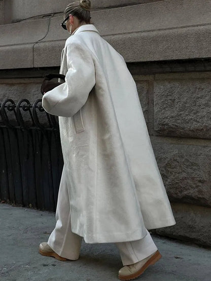 Casual Gray Striped Women Long Coats Elegant Woolen Lapel Long Sleeve Back Split Loose Jackets Autumn Chic Street Outwears