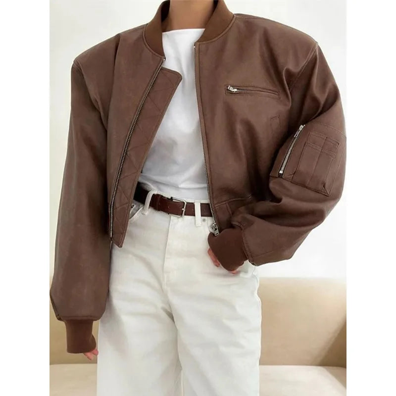 Round Imitation Leather Women Jacket Zipper Solid Loose Female Jackets Autumn Casual Vintage Stand Collar Lady Short Coat