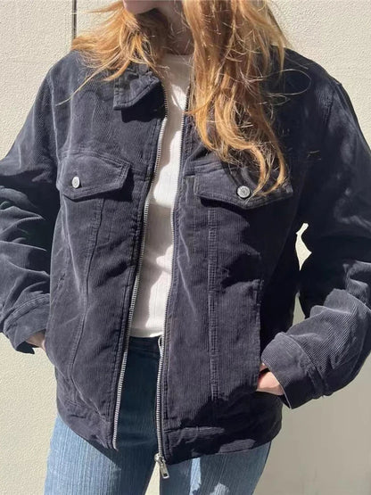 Vintage Loose Pockets Corduroy Jacket Women Autumn Cotton Thick Warm Lapel Zipper Coat Tops Streetwear Vintage Casual Outerwear