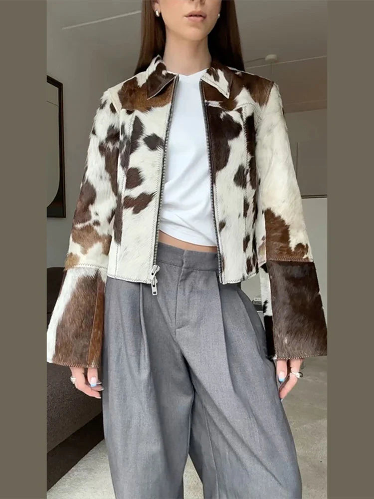 Chic Patchwork Printed Women 's Jackets Vintage Laple Zipper Full Sleeve Short Jacket Lady 2025 Autumn Fashion Female Streetwear