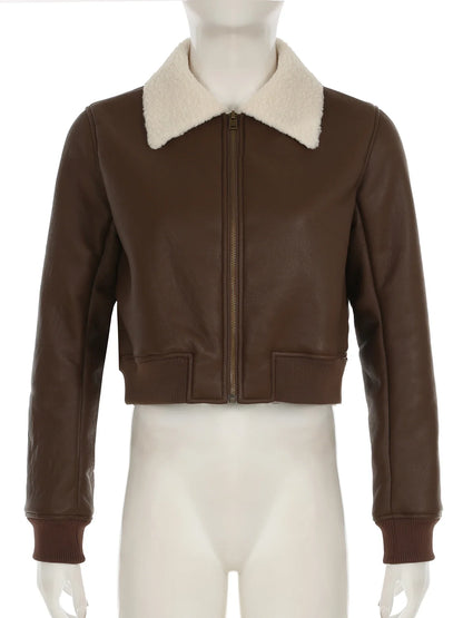 Casual Solid Patchwork Pu Leather Jackets Basic Turn-Down Collar Long Sleeve Coats Women Autumn Winter Fashion Lady