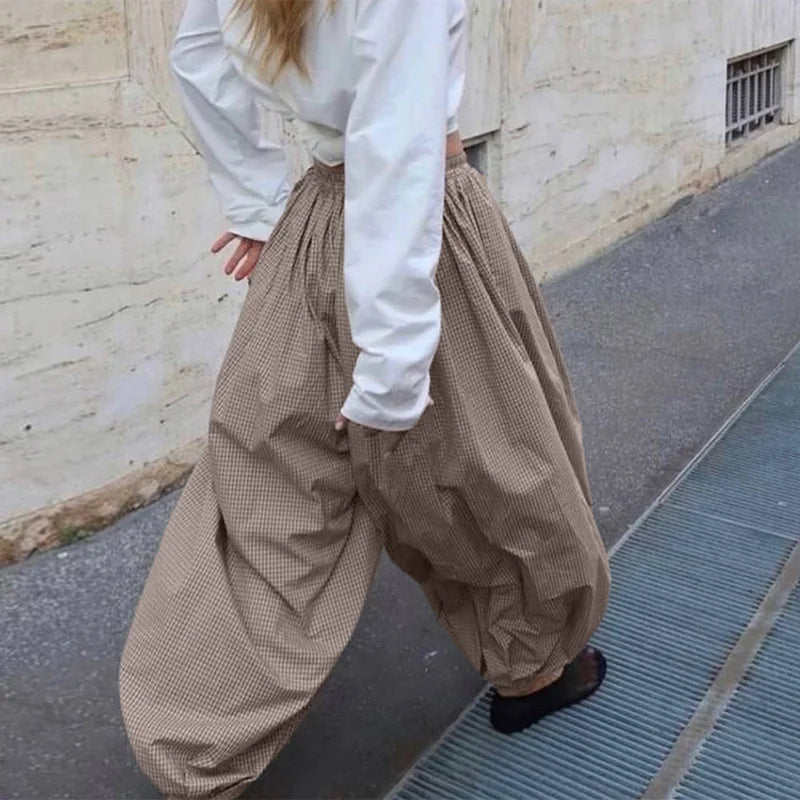 Autumn Print Women Trousers Casual Elastic Waist Foot Binding Dropped Pants Wide Leg Pleated Lady Patchwork Streetwear New