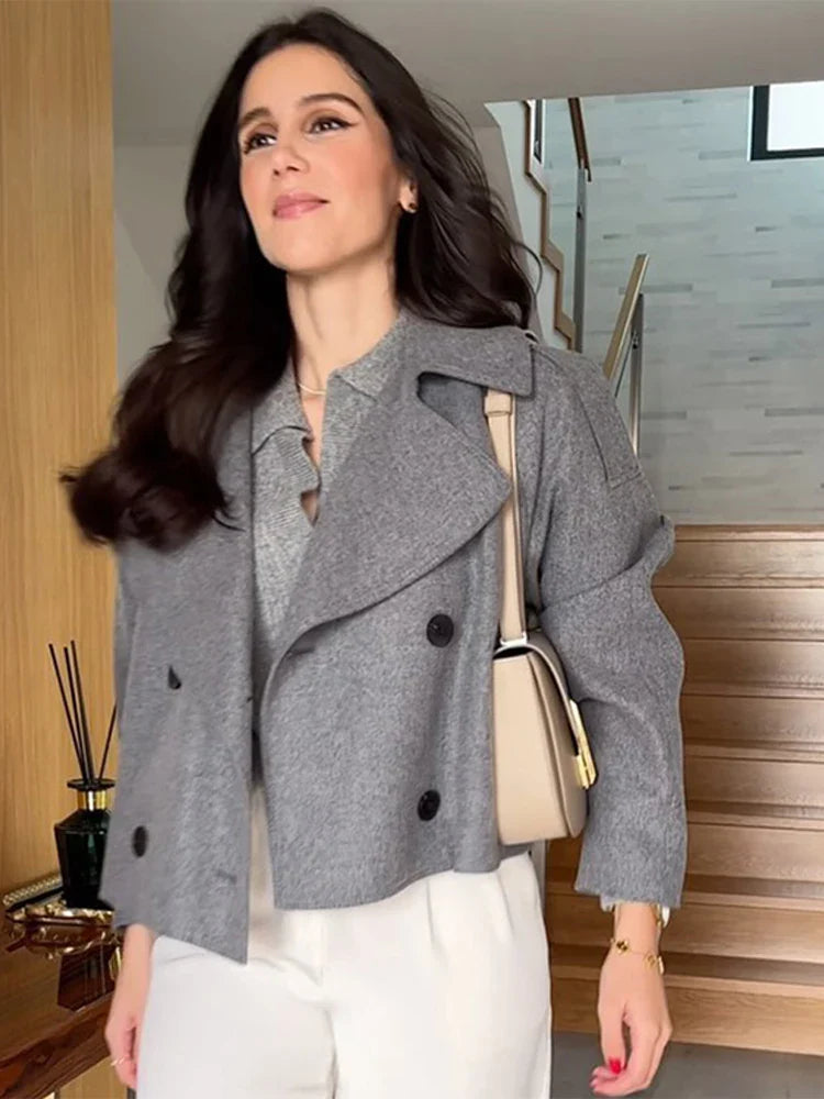 Elegant Single Breasted Woolen Women Coat Loose Lapel Long Sleeve Female Short Jacket Autumn Winter New Grey Lady Outwear