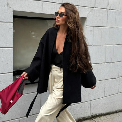 New Women's Black Lace Up Overcoats Autumn Chic Office Jackets Slim Fit Pleated Coat Elegant V-neck Commute For Lady Coats