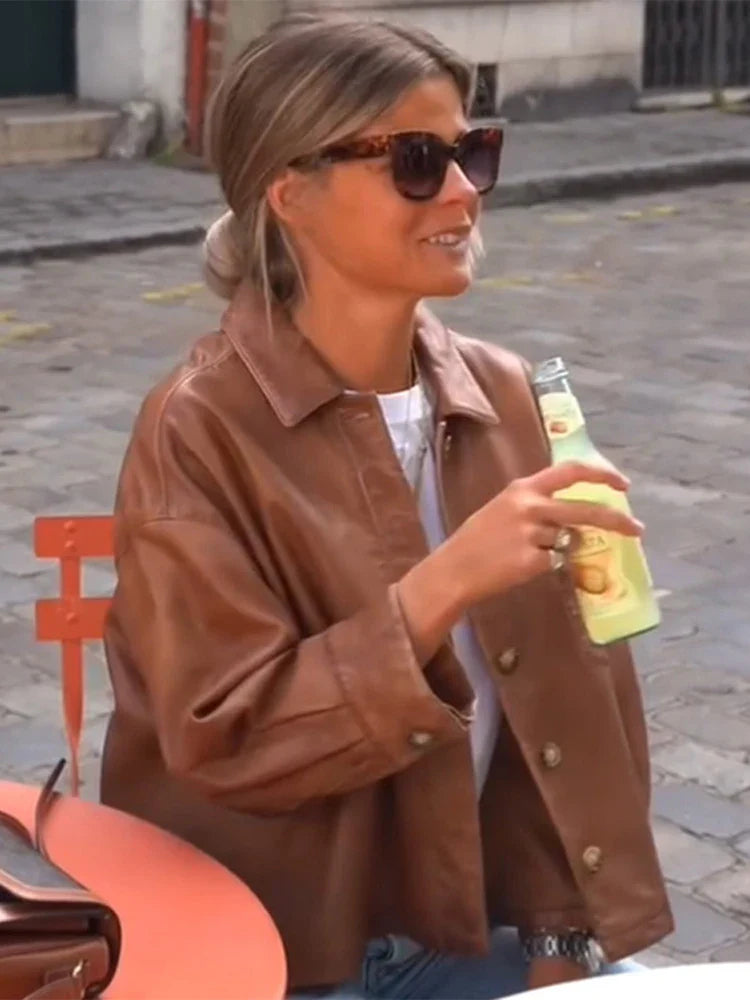 Casual Solid Women Leather Jackets Turn Down Collar Single Breasted Pockets Female Loose Coats Autumn New Chic Lady Outwear