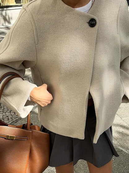 Chic One Button O-neck Woolen Coats For Women Fashion Long Sleeve Cropped Oversized Jackets Lady High Street Outerwear New