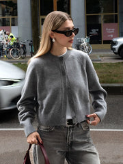 Solid Cropped Cardigan Sweater Women Autumn Long Sleeve O Neck Single Breasted Jumpers New Casual Fashion Knitted Outerwear
