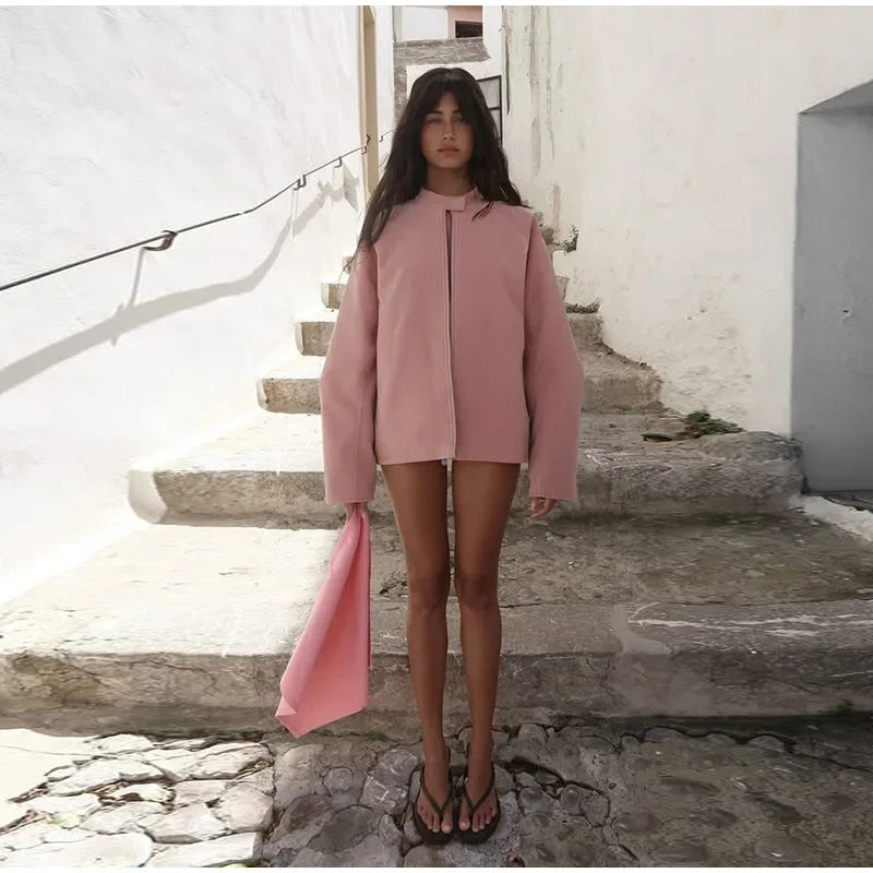 Elegant Suede Pink Jacket Women Loose Long Sleeve Zipper Stand Collar Button Female Jackets 2025 Autumn Street Outwear Lady New