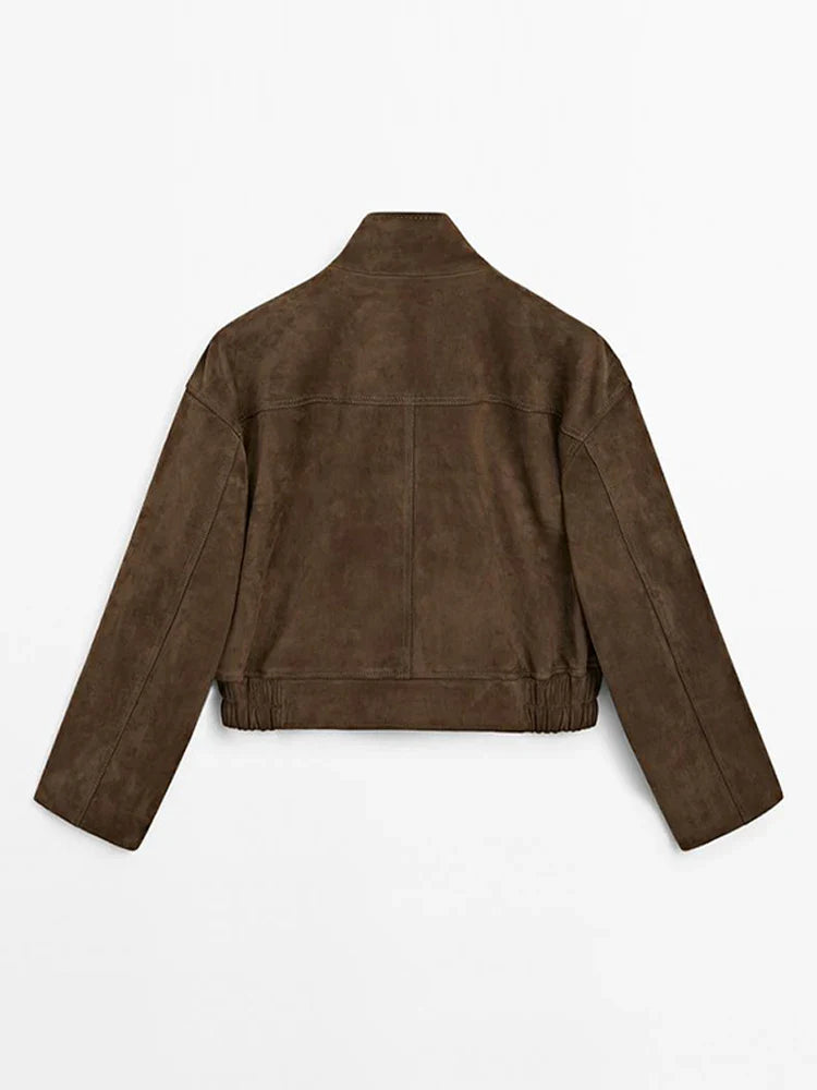 Zipper Suede Cargo Jacket Coat Button Lapel Maillard Slimming Workwear Leather Jackets Casual Short Outwear Commute Overcoat