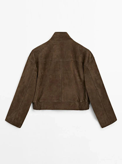 Zipper Suede Cargo Jacket Coat Button Lapel Maillard Slimming Workwear Leather Jackets Casual Short Outwear Commute Overcoat