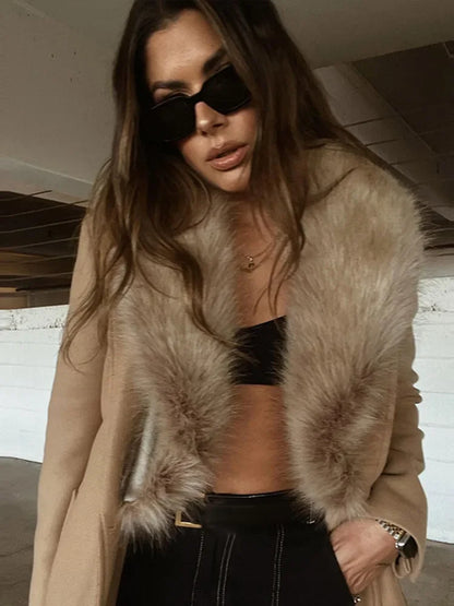 Women Faux Fur Patchwork Collar Woolen Belts Coat Button Up Pocket Casual Thicken Warm Outwear Female Winter Chic Jacket