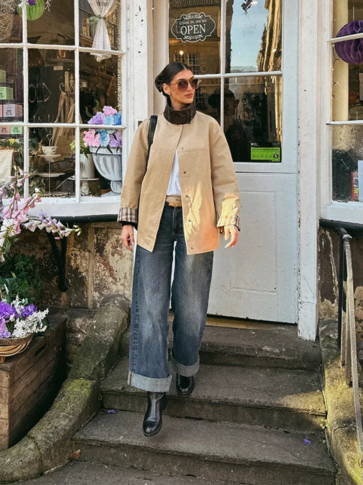 Leather Collar Cargo Jacket Button Down Plaid Pattern Patchwork Jackets Vintage Contrast Color Trench Coat Loose Casual Outwear