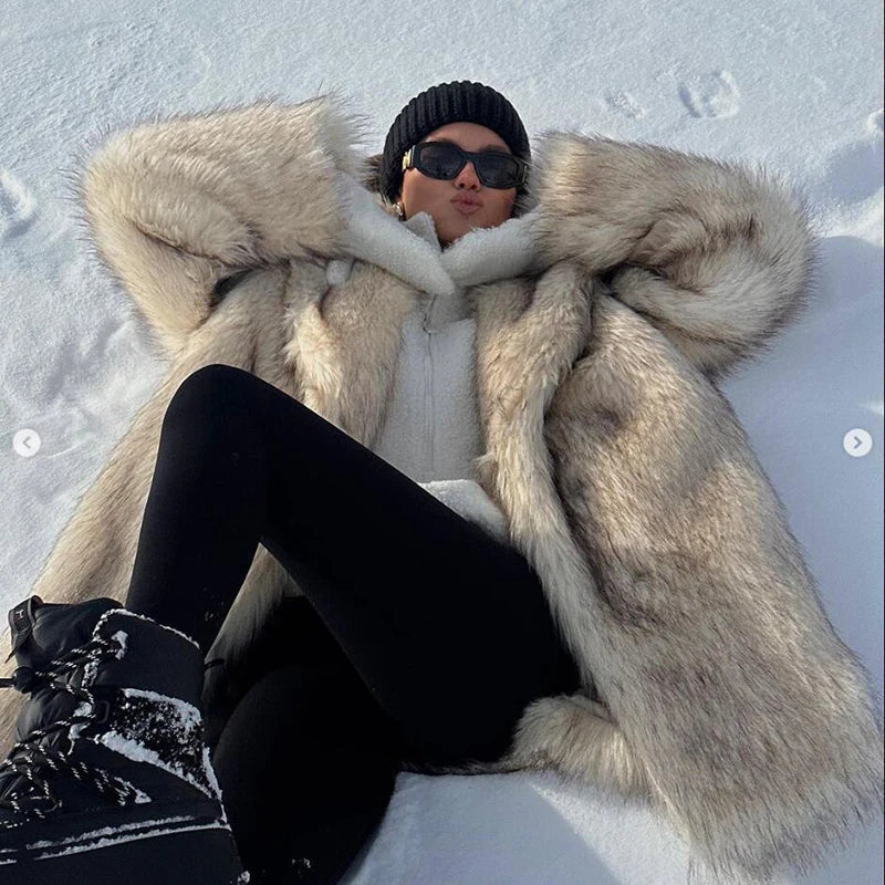 Luxury Brand Fluffy Faux Fur Jacket Women Winter Long Thicken Warm Gradient Fox Fur Coat Streetwear Furry Overcoat