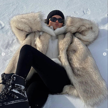 Luxury Brand Fluffy Faux Fur Jacket Women Winter Long Thicken Warm Gradient Fox Fur Coat Streetwear Furry Overcoat