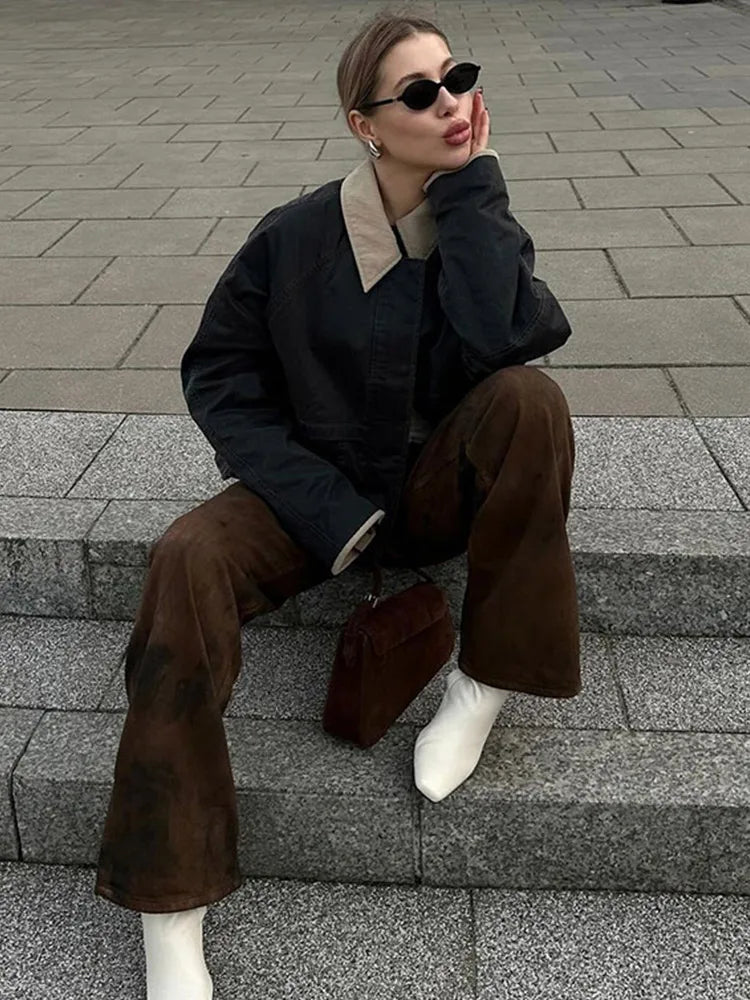 New Women's Cargo Jackets Vintage Long Sleeve Patchwork Outwear With Pocket Street Style Punk Loose Casual Top Coats