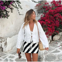 Lace Up Top Summer Quick Drying V Neck Shirt Sexy Bow Flared Sleeves Hollow Out Long Shirt Spring Autumn Women Clothing