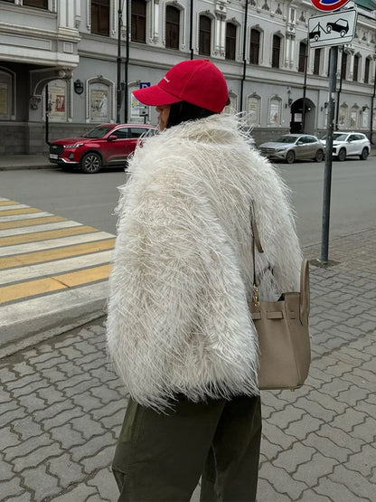 Elegant White Faux Fur Coat Women's 2025 Oversized Winter Jacket Fashion Loose Long Sleeve Warm Outwear Streetwear Office Casual