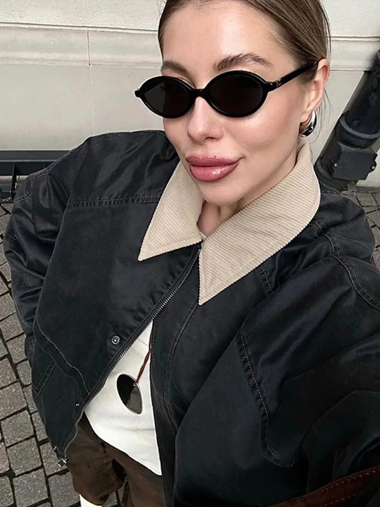 New Women's Cargo Jackets Vintage Long Sleeve Patchwork Outwear With Pocket Street Style Punk Loose Casual Top Coats