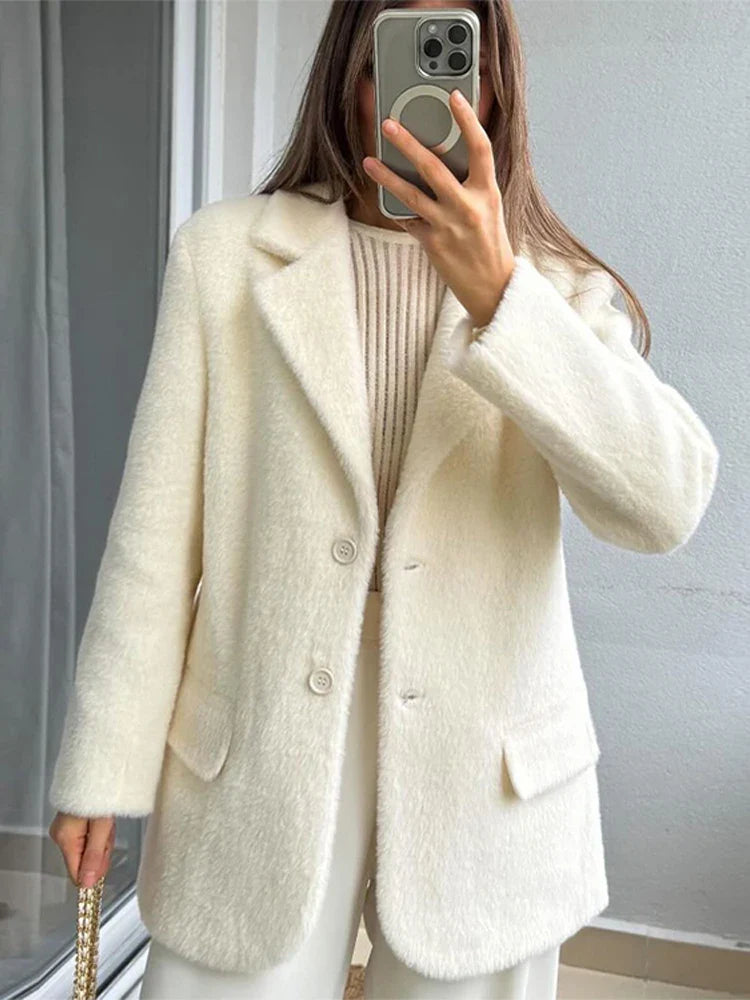 Furry Woolen Oversize Blazer Coat Women Turn-down Collar Button Up Thicken Warm Outwear Winter Long Sleeve Jacket Tops