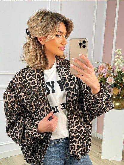 Woman Leopard Print Zipper Long Sleeves Coat Fashion Chic Loose O Neck Short Jackets Autumn Winter Warm High Street Outerwear