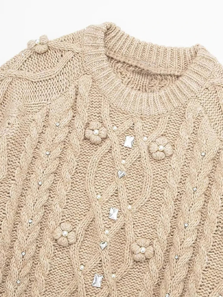 3D Flower Knit Pullover Women Loose Fashion Sequin Round Neck Long Sleeves Jumper Female Autumn Winter Warm Knitwears Lady