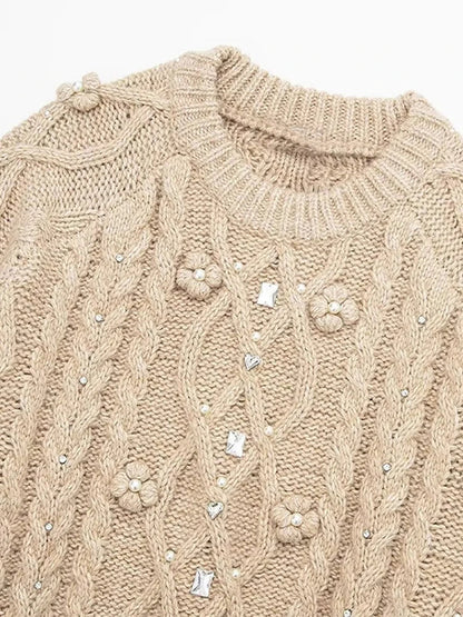 3D Flower Knit Pullover Women Loose Fashion Sequin Round Neck Long Sleeves Jumper Female Autumn Winter Warm Knitwears Lady