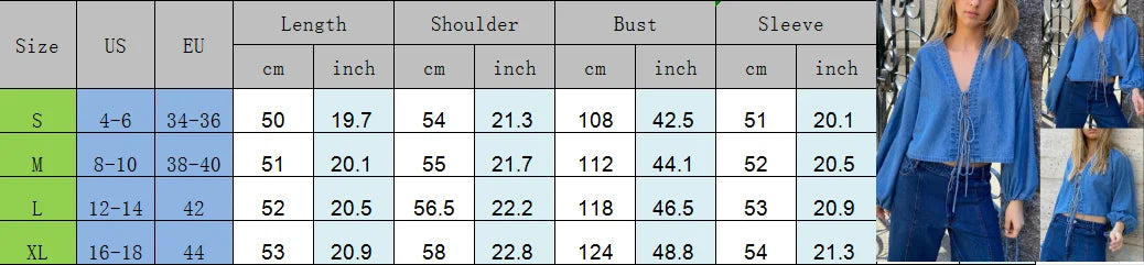00s Retro Tie-up Front Denim Crop Tops Vintage Cottage Long Sleeve V Neck Shirts Spring Fall Blouses Tees Y2K Aesthetic T-shirt