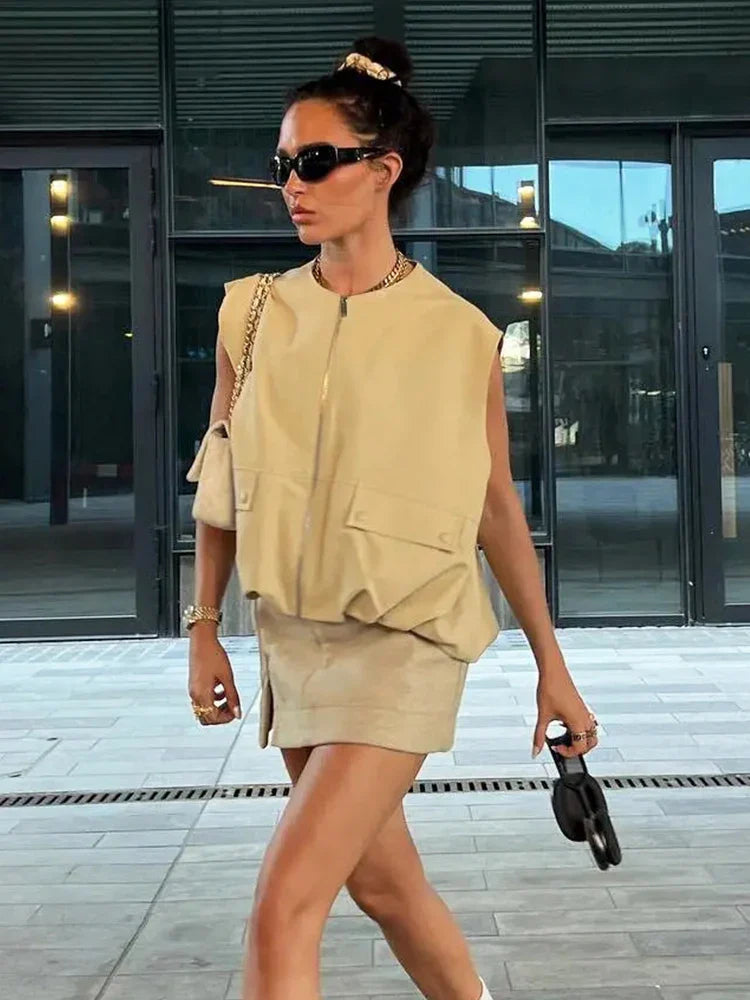 Padded Beige Waistcoat Folds Winter Sleeveless Vest Coat Turtleneck Pockets Zipper Autumn Thick Warm Parka Jacket