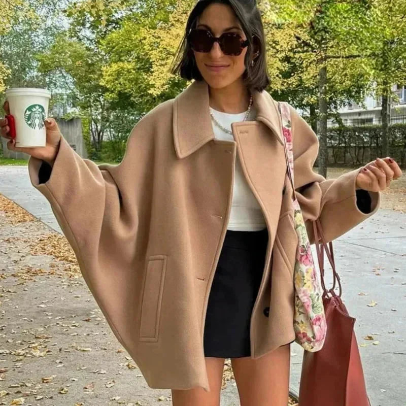 Diagonal Breasted Warm Loose Jacket Women Lapel Double Pocket Batwing Sleeve Solid Coats Winter Female Chic Vintage Outwear