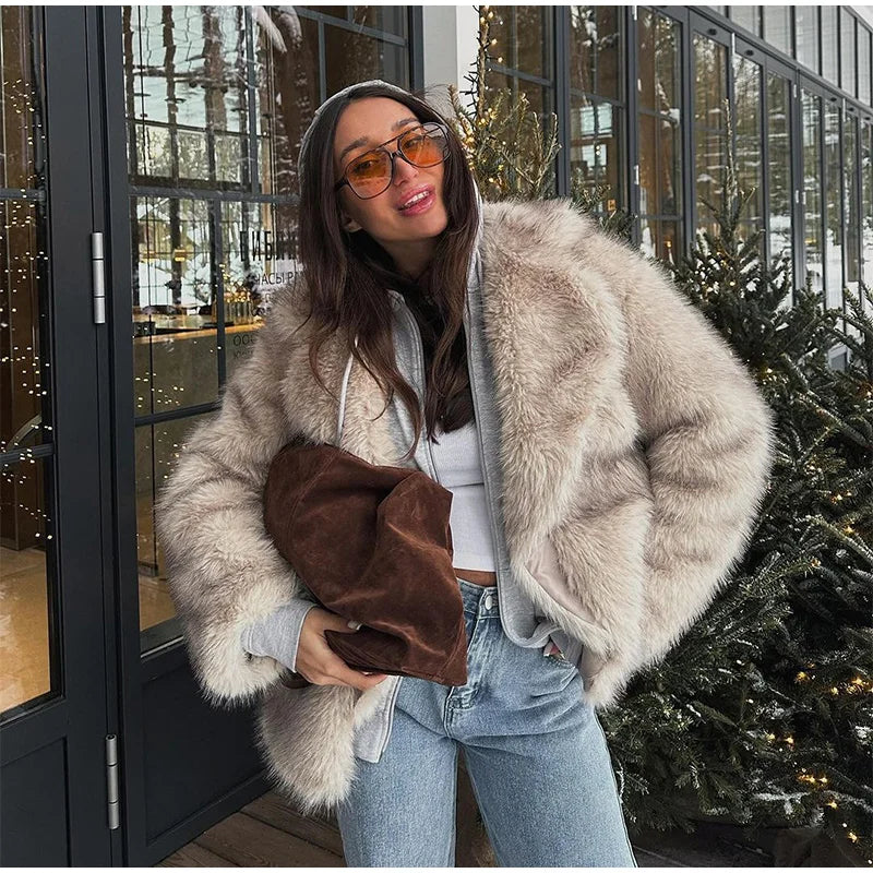 Furffy Thicken Jackets Women Faux Fur Loose Lapel Long Sleeves Warm Coats Female Winter Fashion Solid Soft Outwears Lady