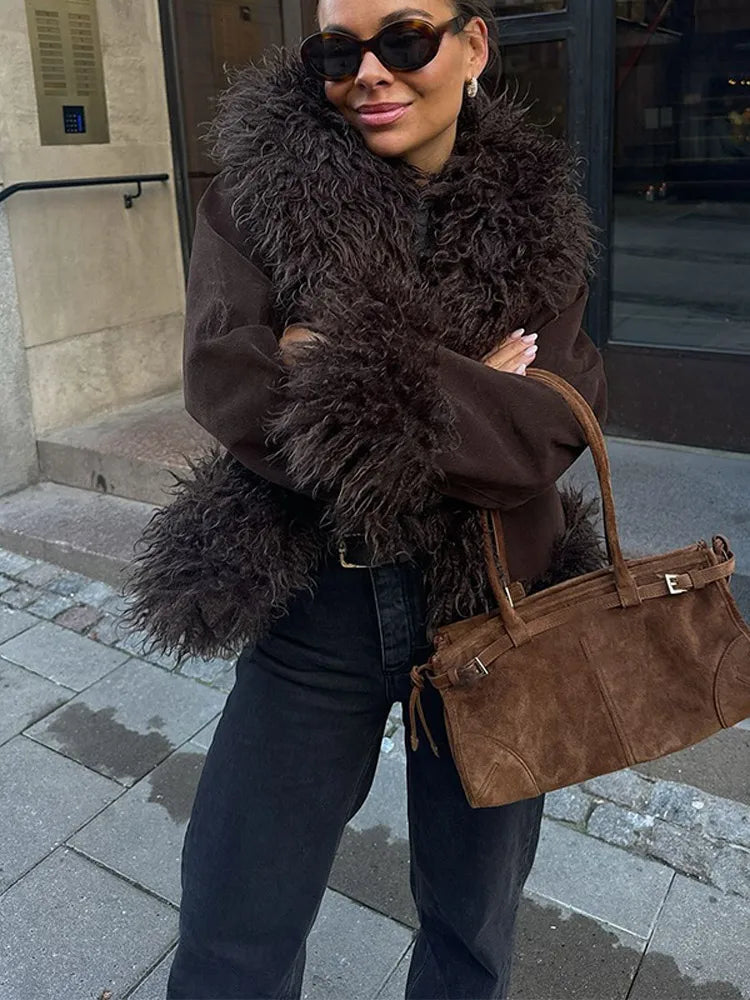 Elegant Coffee Solid Fur Patchwork Cardigan Jacket For Women Fashion Long Sleeve Warm Loose Coats Lady High Streetwear New