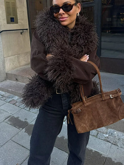 Elegant Coffee Solid Fur Patchwork Cardigan Jacket For Women Fashion Long Sleeve Warm Loose Coats Lady High Streetwear New