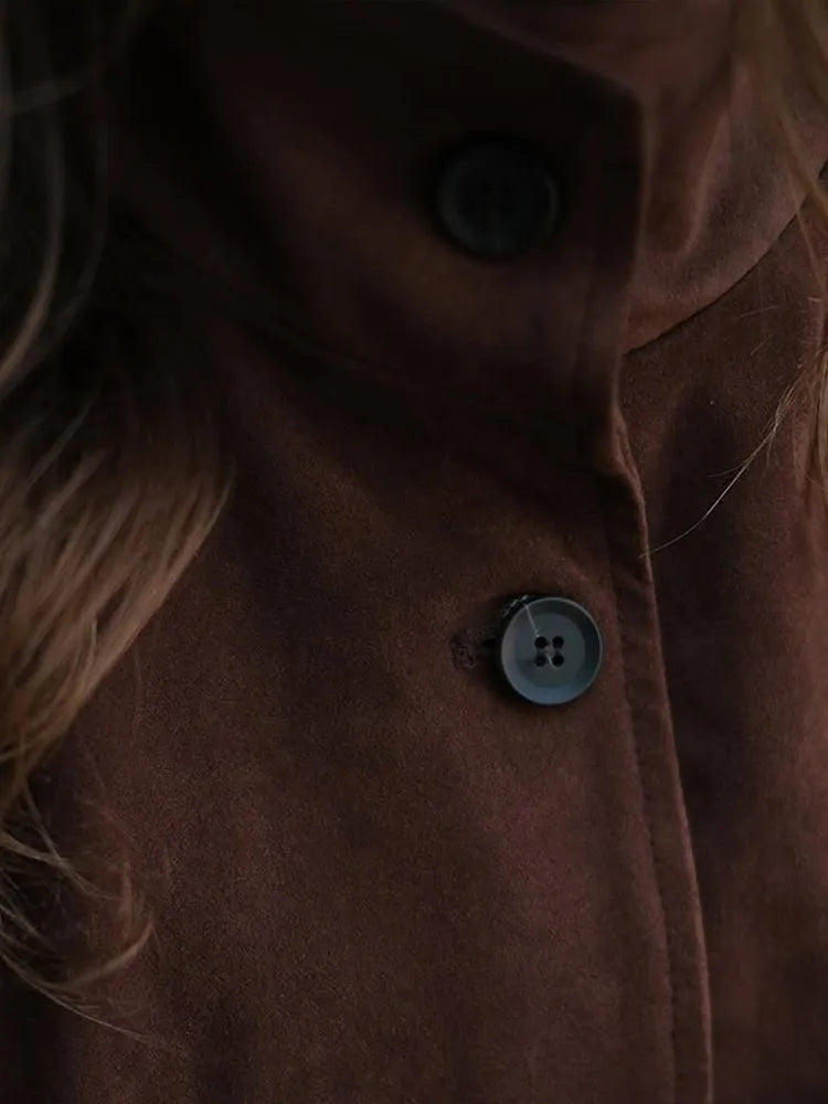 Retro Brown Suede Short Jacket Elegant Women Stand Collar Full Sleeves Single Breasteds Loose Coats Autumn Chic Lady Street Wear