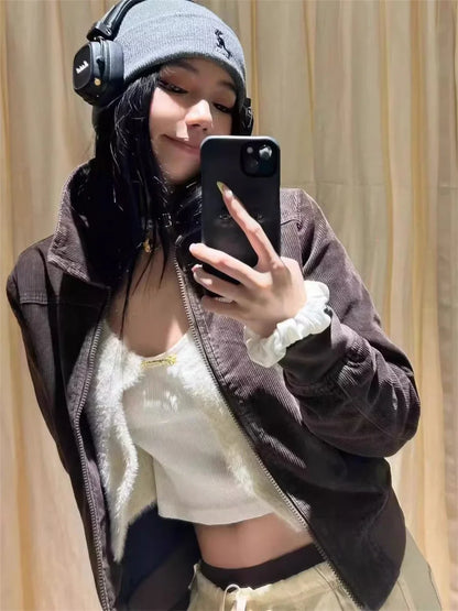 Casual Women Jacket Autumn Fashion Ladies Vintage Brown Corduroy Short Comfortable Zipper Jacket For Women's Chic Tops