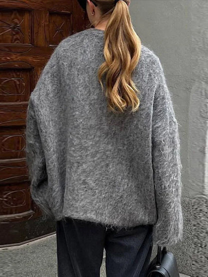 Knitted Cardigans Women Single Breasted Chic V-neck Loose Long Sleeve Sweater Winter Gray All-match Coat Tops
