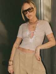 Fashion Short Sleeve Bandage T-shirt 2024 Woman Clothes O-neck Lace-up Slim Crop Top Streetwear Female Coffee Contrast Color Tee