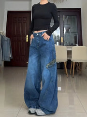 Leopard Spliced Cargo Jeans Women Y2k Streetwear Casual Oversized Pocket Kpop Wide Leg Denim Pants Hip Hop Retro Bottoms