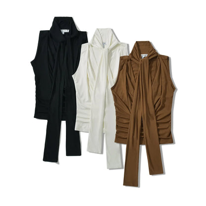 Women Sleeveless Tie Neck Plain Top JERSEY TOP WITH BOW Ruched V-neck Knot Detail Tank Top