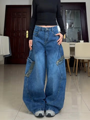 Leopard Spliced Cargo Jeans Women Y2k Streetwear Casual Oversized Pocket Kpop Wide Leg Denim Pants Hip Hop Retro Bottoms