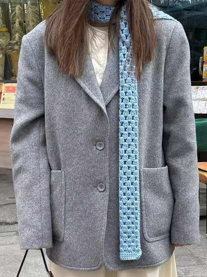 Autumn Female Turn-Down Collar Pocket Single-breasted Coat Women's Fashion Long Sleeves Casual Woolen Blazer Top Mujer