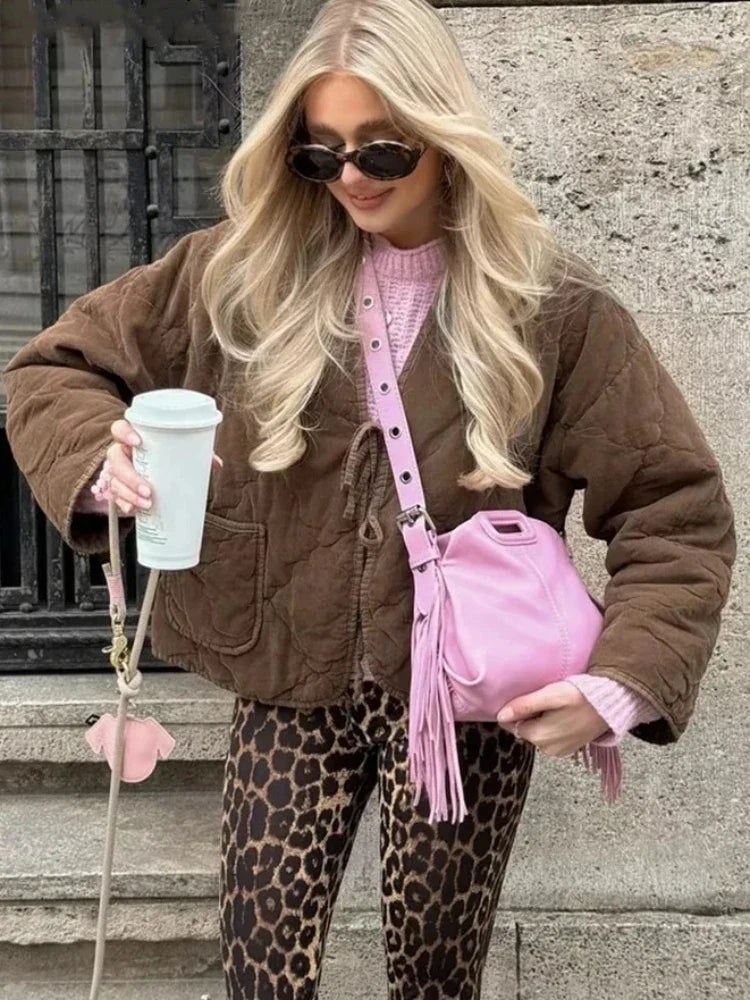 Brown Quilted Padded Suede Coat Women Long Sleeve Lace Up Cropped Jacket Autumn Winter Casual Lightweight New In Outerwears