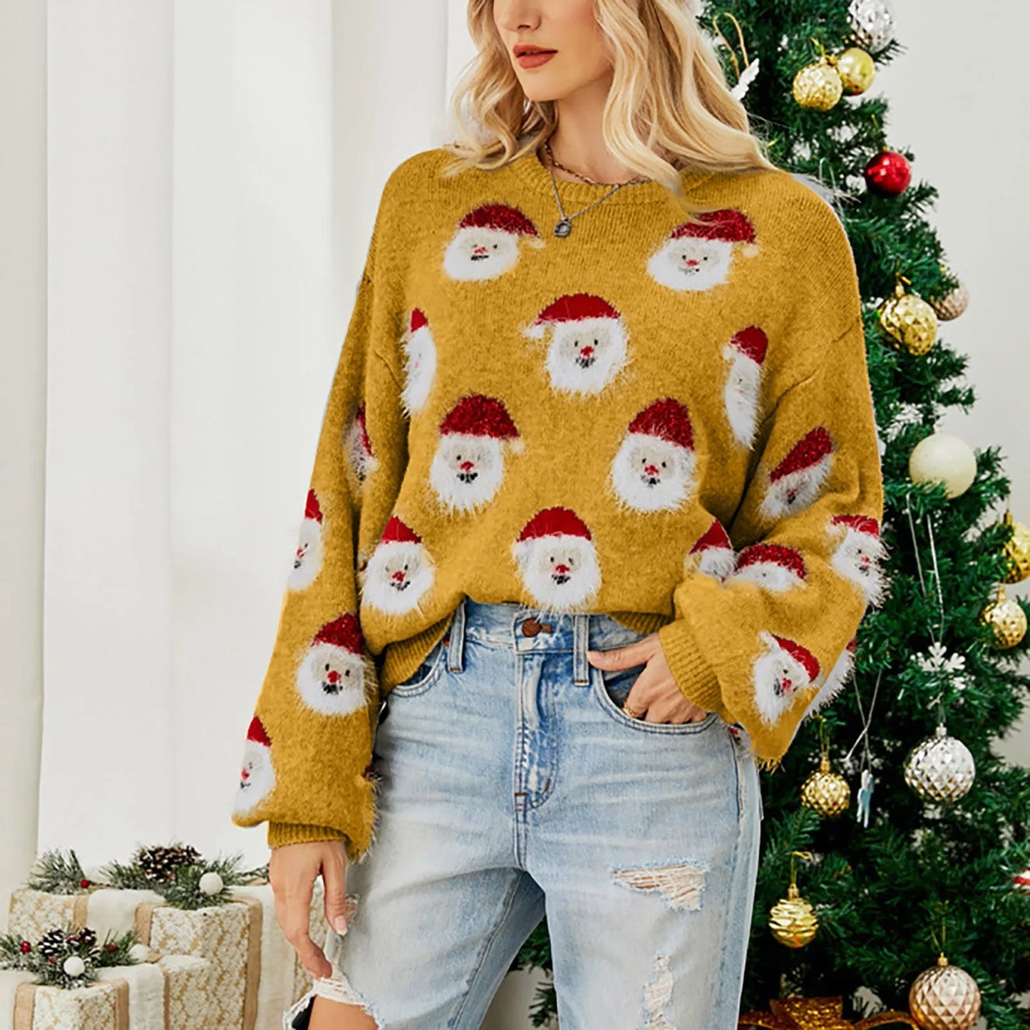 Soft Funny Christmas Santa Claus Print Loose Round Neck Knitted Sweater Sweaters-L