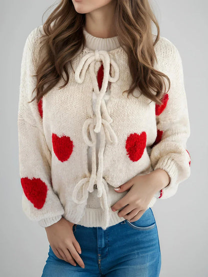 Embroidery Heart Lace-Up Cardigan Apricot Love / S Cardigan-241208